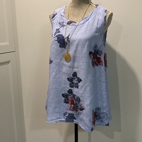 Made In Italy Linen Blue Floral Tank Top Size Medium - Picture 2 of 12